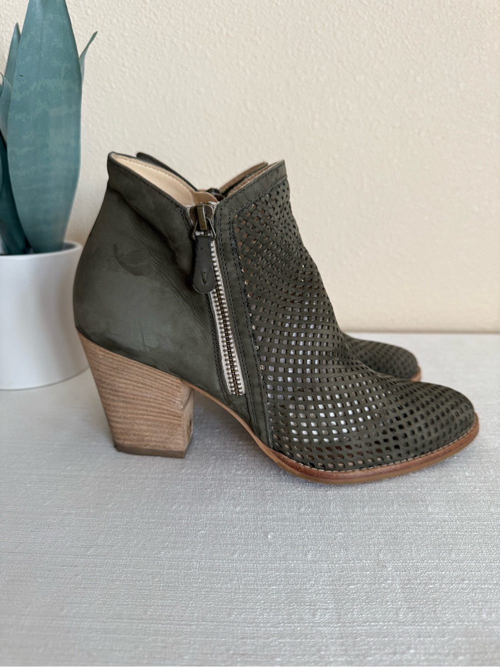 Paul Green Olive Green Perforated Leather Heeled Ankle Boots